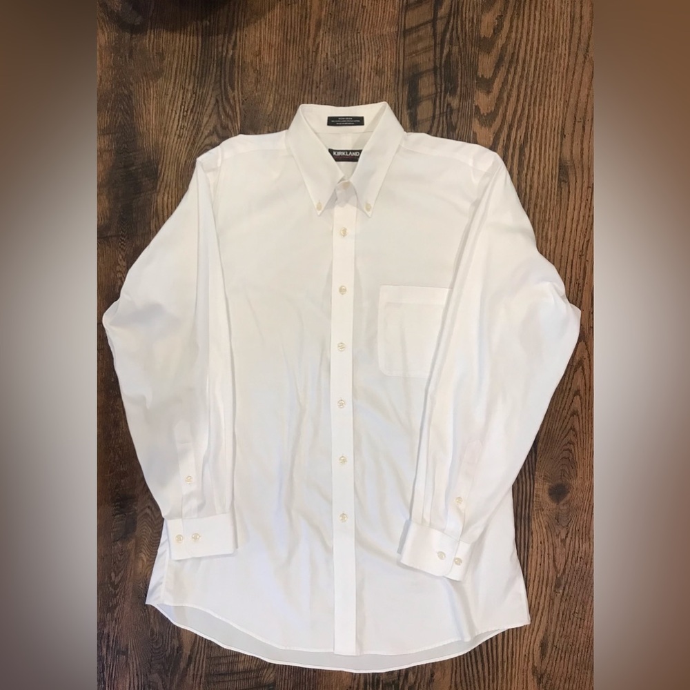 Kirkland Signature Extra Long 100% Cotton Non-Iron White Dress Shirt—Neck 16